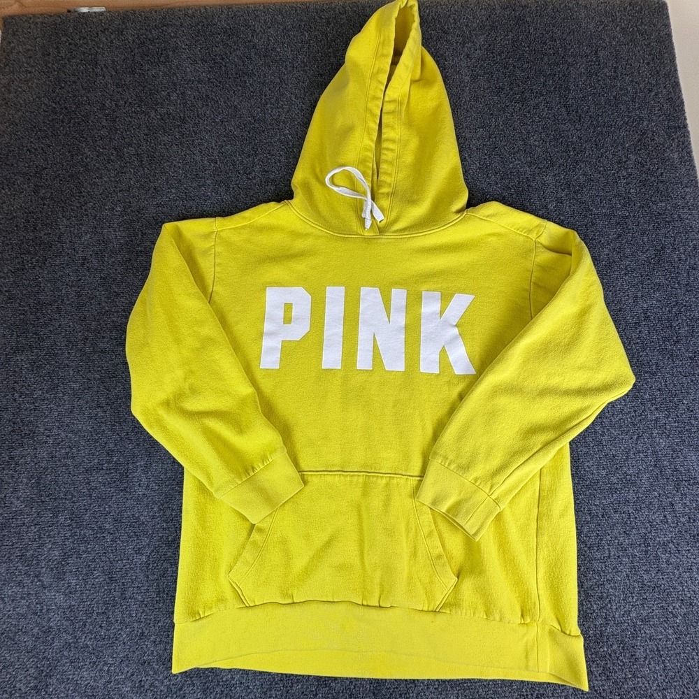Pink Victoria's Secret Hoodie Women Large Neon Yellow Logo Fleece Lined Cotton